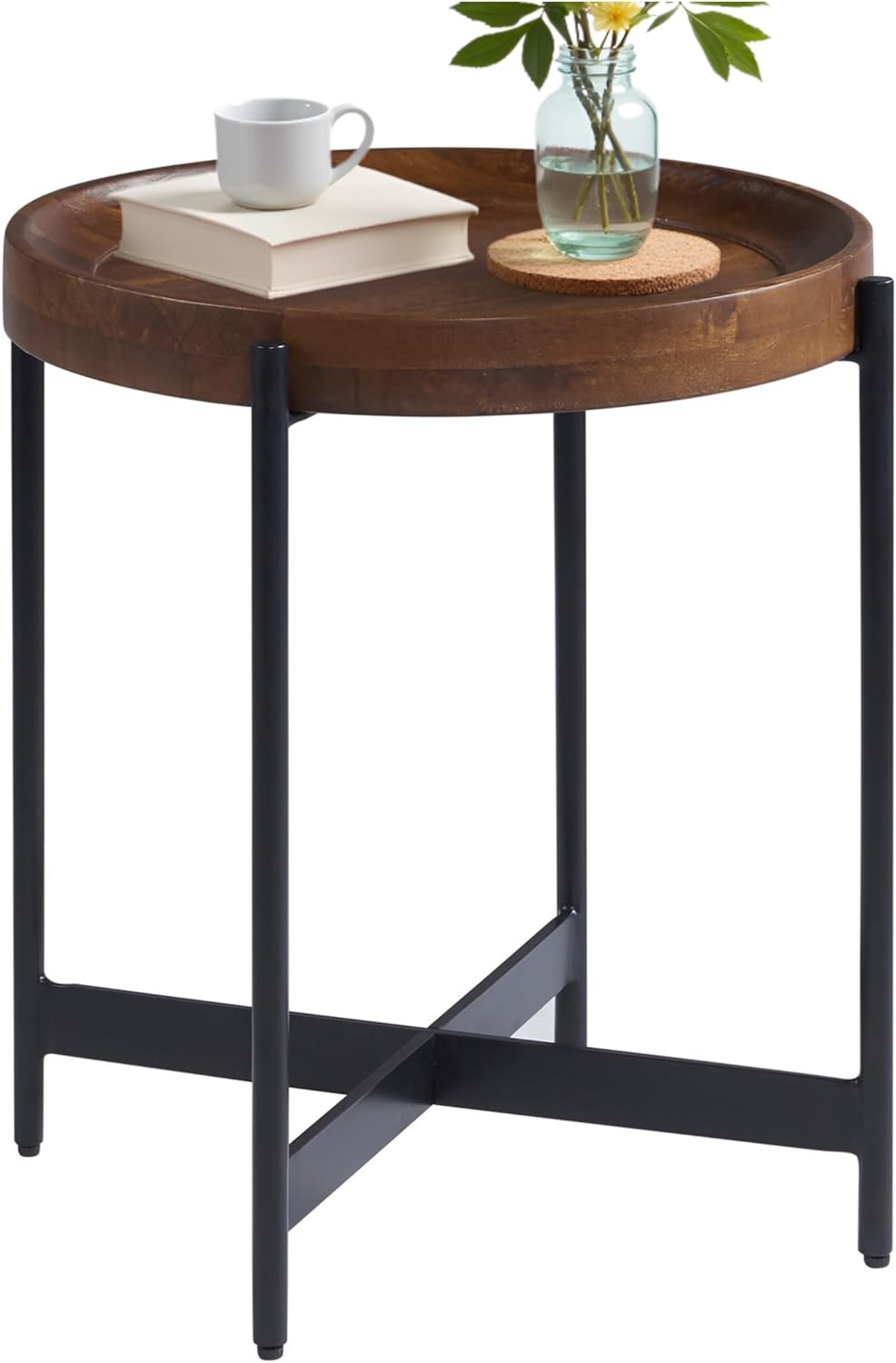 Alaterre Furniture Brookline 20" Round Wood End Table – Solid Top with Tray Edge and Black Metal Legs – Rustic Farmhouse Accent Table for Living Room, Bedroom, or Small Spaces (Medium Chestnut)