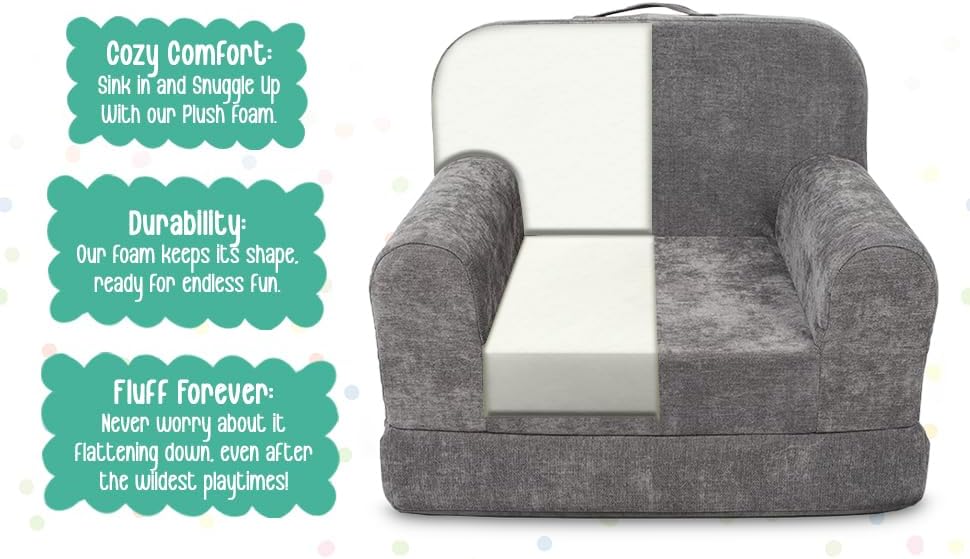 ParkaLounger Children's Sofa 2-in-1 Convertible Chair & Sleeper - Durable Foam Keeps Its Shape - Lightweight, Portable with Handle - Soft, Sturdy & Cozy Seat for Lounging & Play, Gray, Medium