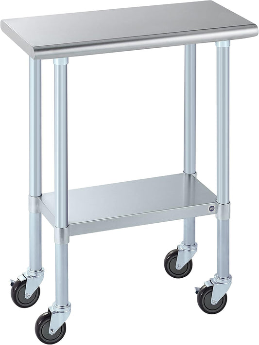 ROCKPOINT Stainless Steel Table for Prep & Work with Caster Wheels 14x30 Inches, NSF Metal Commercial Kitchen Heavy Duty Table with Adjustable Under Shelf and Table Foot for Restaurant, Home and Hotel