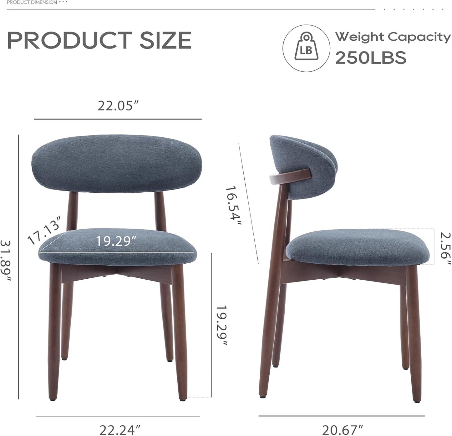 COLAMY Wooden Dining Chairs Set of 2, Modern Fabric Upholstered Dining Room Chair, Farmhouse Kitchen Side Chairs with Foot Pegs, Blue