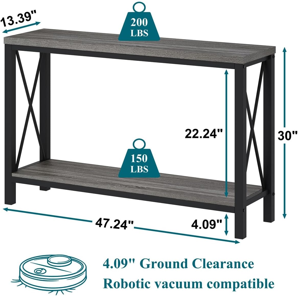 BON AUGURE Console Tables for Living Room, Industrial Couch Table Behind Sofa, Wood Metal Entryway Tables for Hallway, Entry Way Table for Foyer, Entrance, Front Door (Dark Grey Oak, 47 Inch)