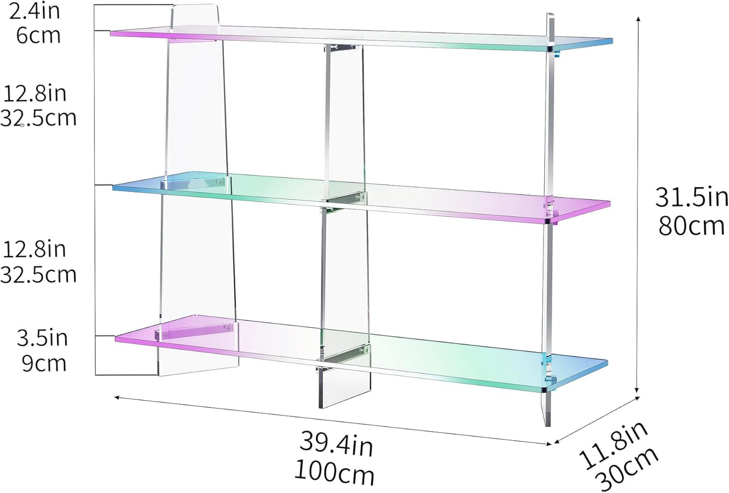 Acrylic Bookshelf, Small 3 Tier Open Bookcase for Small Spaces,Sofa Table, Hallway Entry Table for Home Living Room (Iridescent, 39.4" x 11.8" x 31.5)