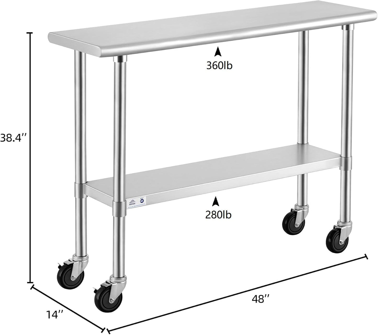 ROCKPOINT Stainless Steel Table for Prep & Work with Caster Wheels 14x48 Inches, NSF Metal Commercial Kitchen Heavy Duty Table with Adjustable Under Shelf and Table Foot for Restaurant, Home and Hotel