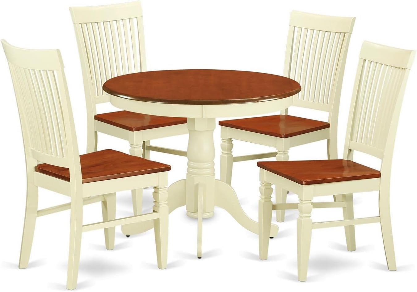 East West Furniture ANWE5-BMK-W 5 Piece Dining Room Table Set Includes a Round Wooden Table with Pedestal and 4 Kitchen Dining Chairs, 36x36 Inch, Buttermilk & Cherry