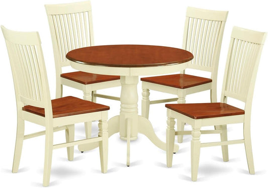East West Furniture ANWE5-BMK-W 5 Piece Dining Room Table Set Includes a Round Wooden Table with Pedestal and 4 Kitchen Dining Chairs, 36x36 Inch, Buttermilk & Cherry