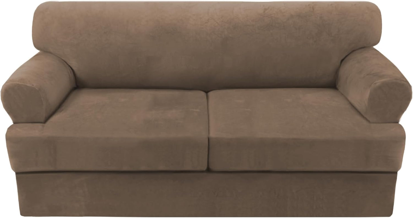 H.VERSAILTEX Sofa Cover 3 Piece T Cushion Loveseat Slipcovers Thick Velvet Couch Cover Stretch T Cushion Sofa Covers for 2 Cushion Couch with 2 Individual T Cushion Covers, Mocha