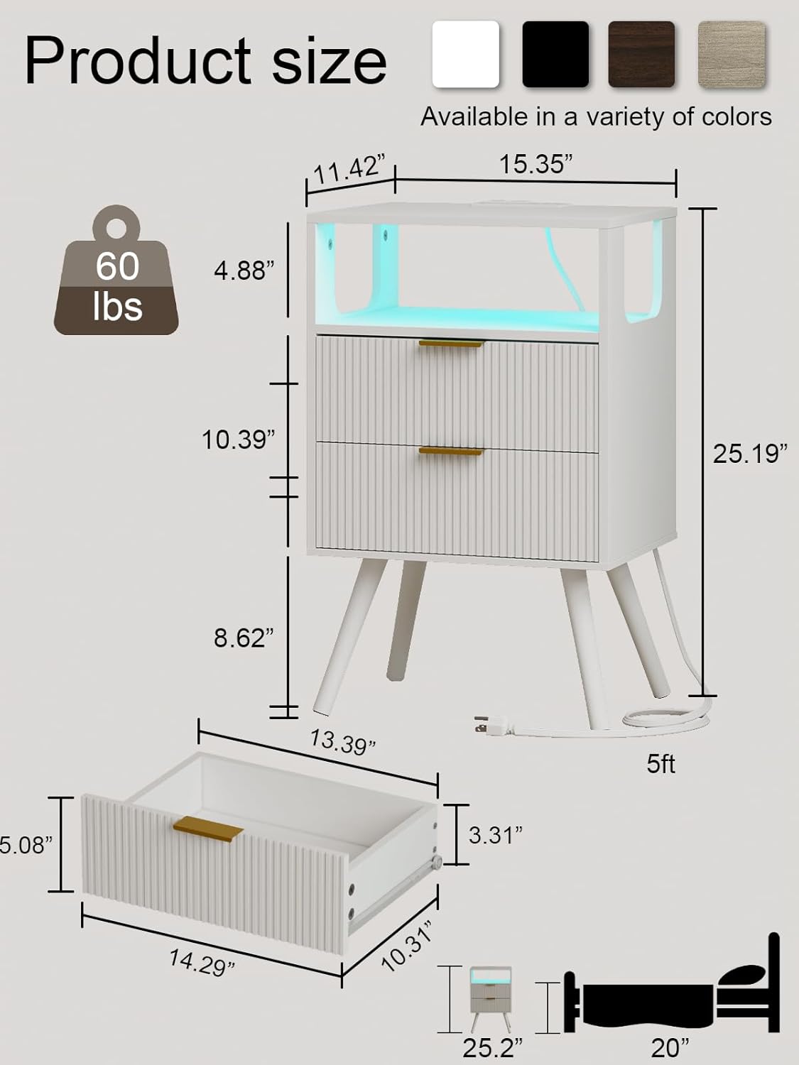 Nightstand, Modern Bedside Table with 2 Storage Drawer and Open Wood Shelf for Bedroom and Small Spaces, Night Stand with Solid Wood Legs (White-Outlet)