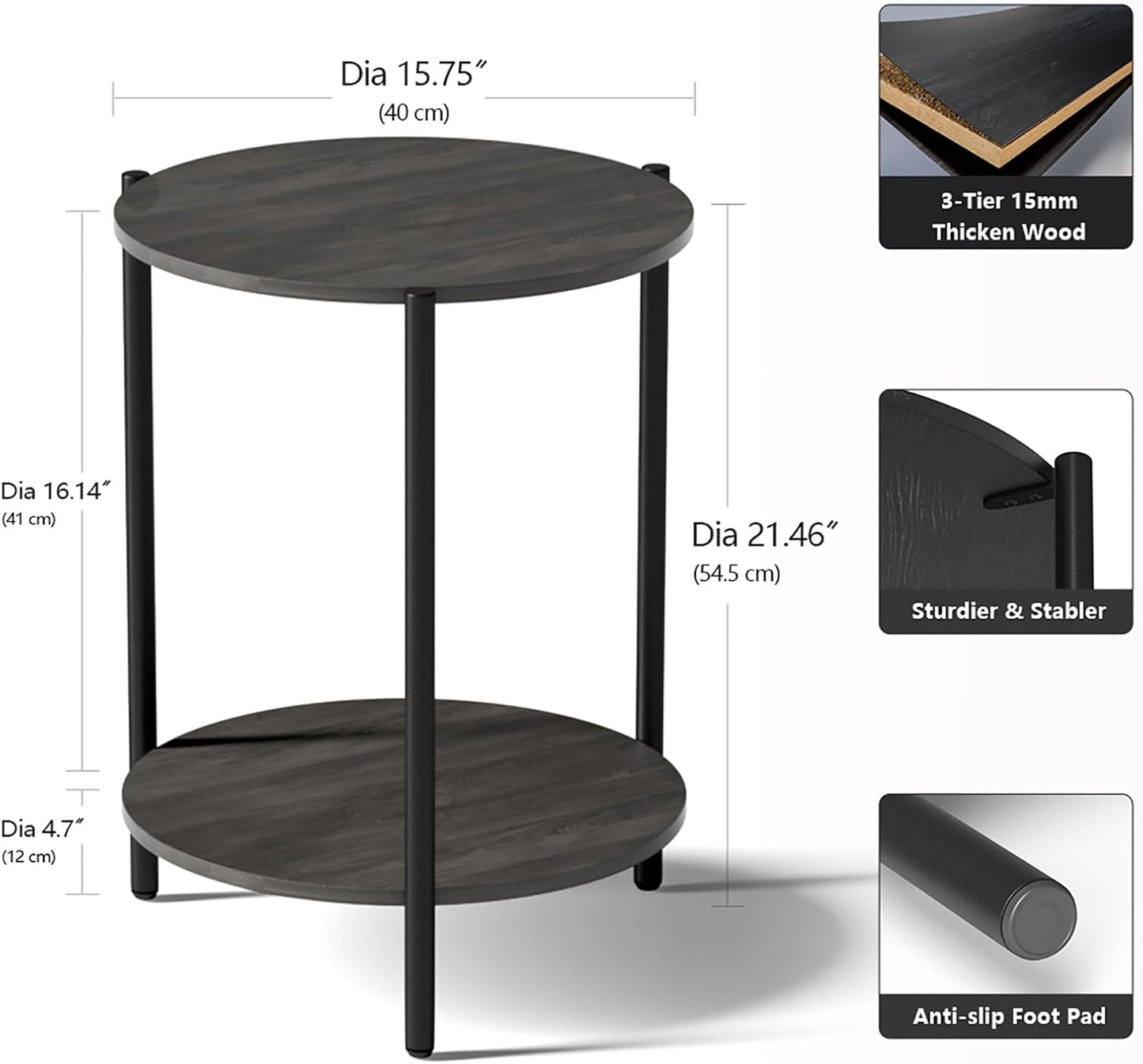 Round Side Table, 2-Tier Circle End Tables with Storage Wood Rustic 15.75" Small End Tables Farmhouse Side Table for Living Room Bedroom Balcony Small Spaces - Grey