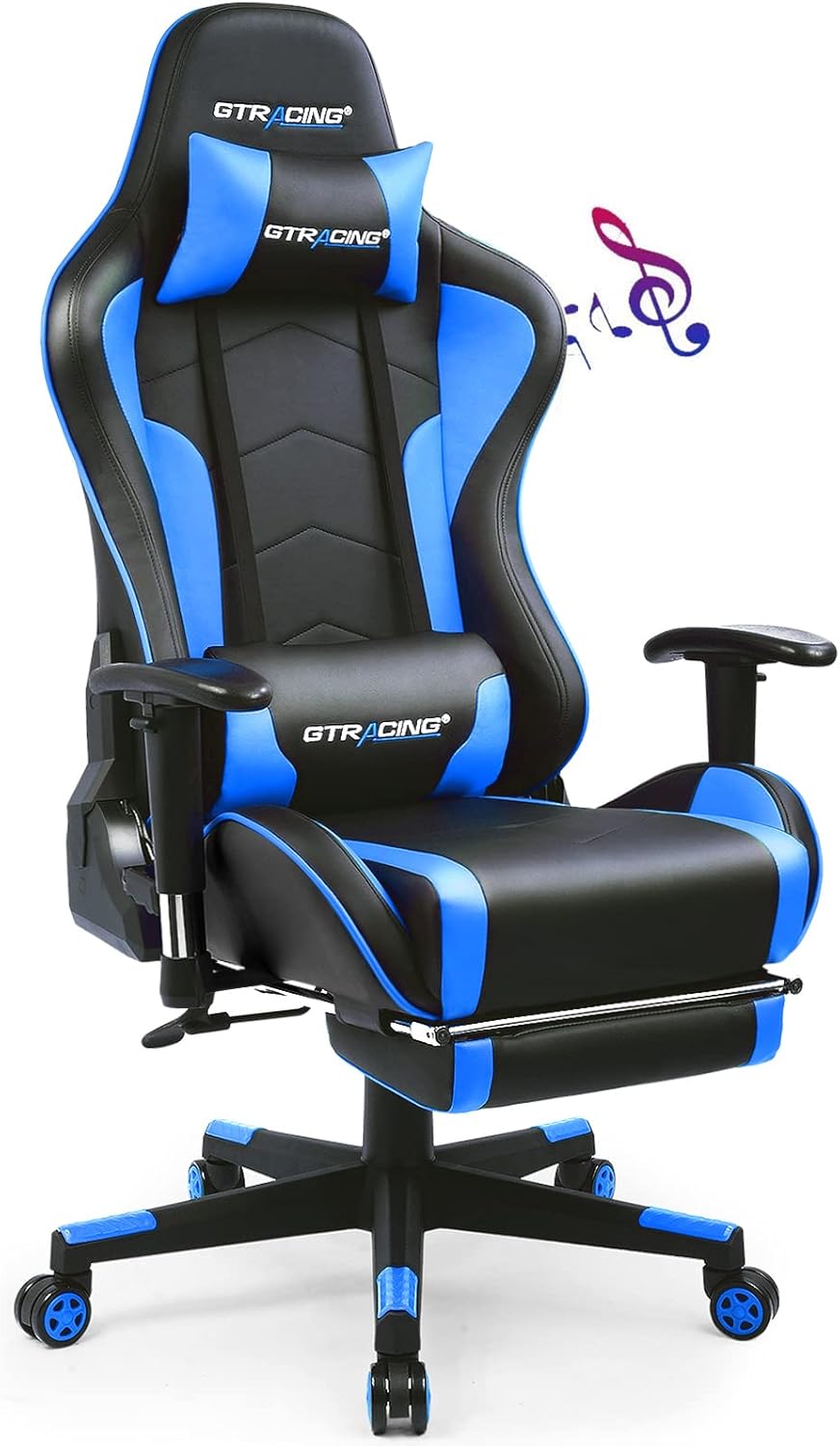 GTRACING Gaming Chair with Footrest and Bluetooth Speakers Music Video Game Chair Heavy Duty Ergonomic Computer Office Desk Chair (Blue)