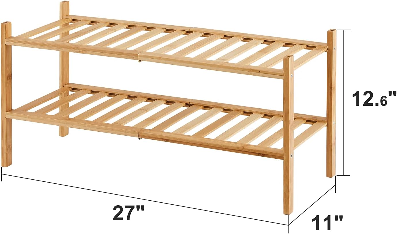 2-Tier Bamboo Shoe Rack for Entryway, Bamboo Wood Shoe Organizer for Hallway Closet, Free Standing Shoe Racks for Indoor Outdoor
