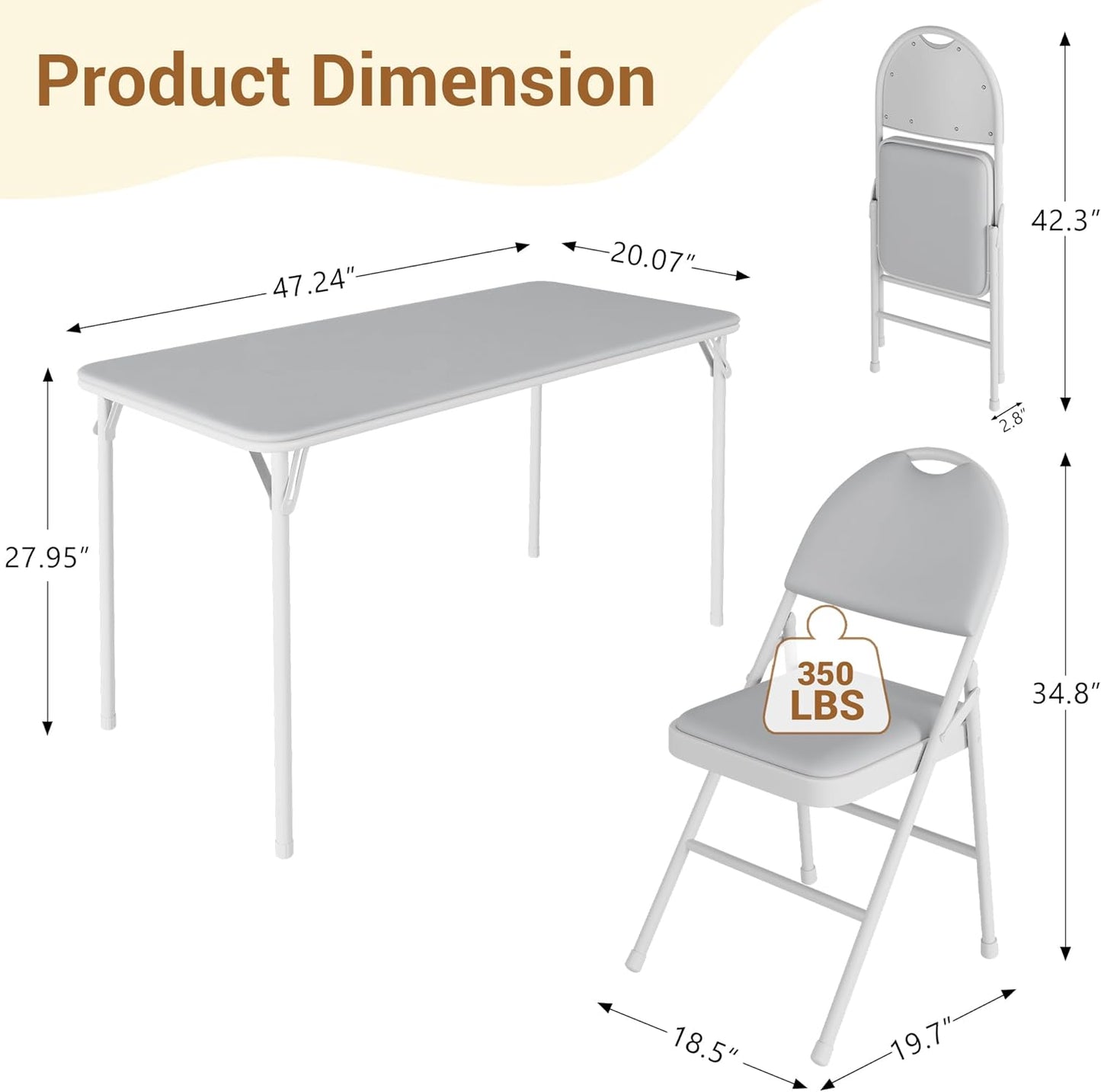 IDEALHOUSE Protable Folding Table and Chairs, 5 Piece Folding Card Table and Chairs Set, Foldable PU Upholstered Table and Chairs Set of 5, for Dining Room, Living Room, Office, Camping, Gray