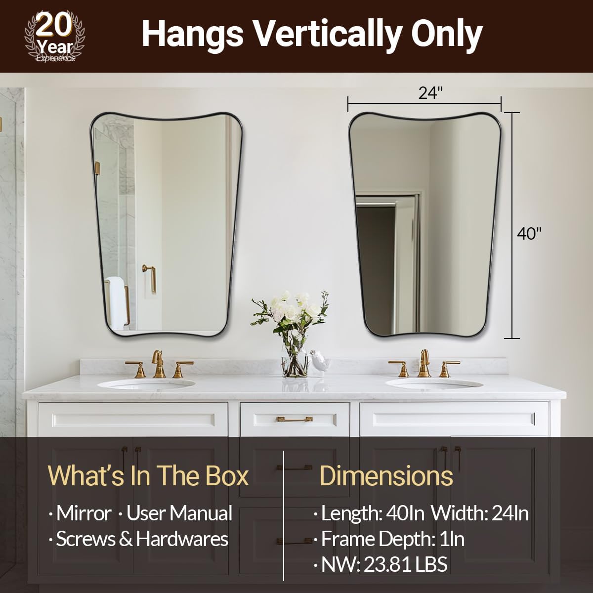 ANDY STAR Matte Black Mirror, 24x40 Inch Bathroom Vanity Mirror, Asymmetrical Mirror in Premium Stainless Steel Frame, Deep 1’’, Butterfly Shaped Decorative for Bathroom, Powder Room, Entryway