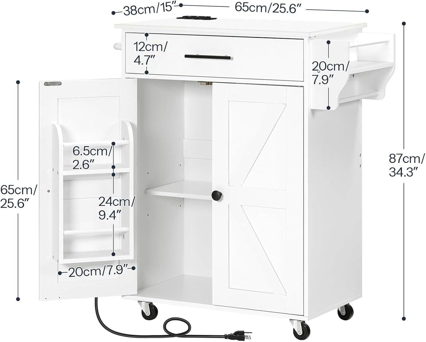 HOOBRO Kitchen Island with Power Outlet, Kitchen Storage Island with Large Worktop, Spice Rack and Drawer, Rolling Kitchen Island Cart on Wheels, for Kitchen and Dining Room, White WT88UZD01