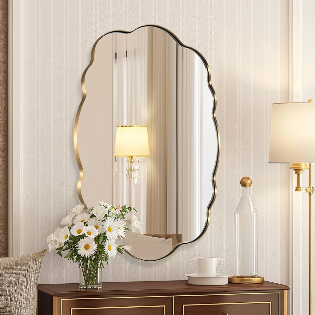 ANDY STAR Brushed Gold Scalloped Mirror - 24x32 Bathroom Mirror, Vintage Oval Wavy Wall Mirror, Brass Anti-Rust Stainless Steel Frame, Hang Vertical or Horizontal