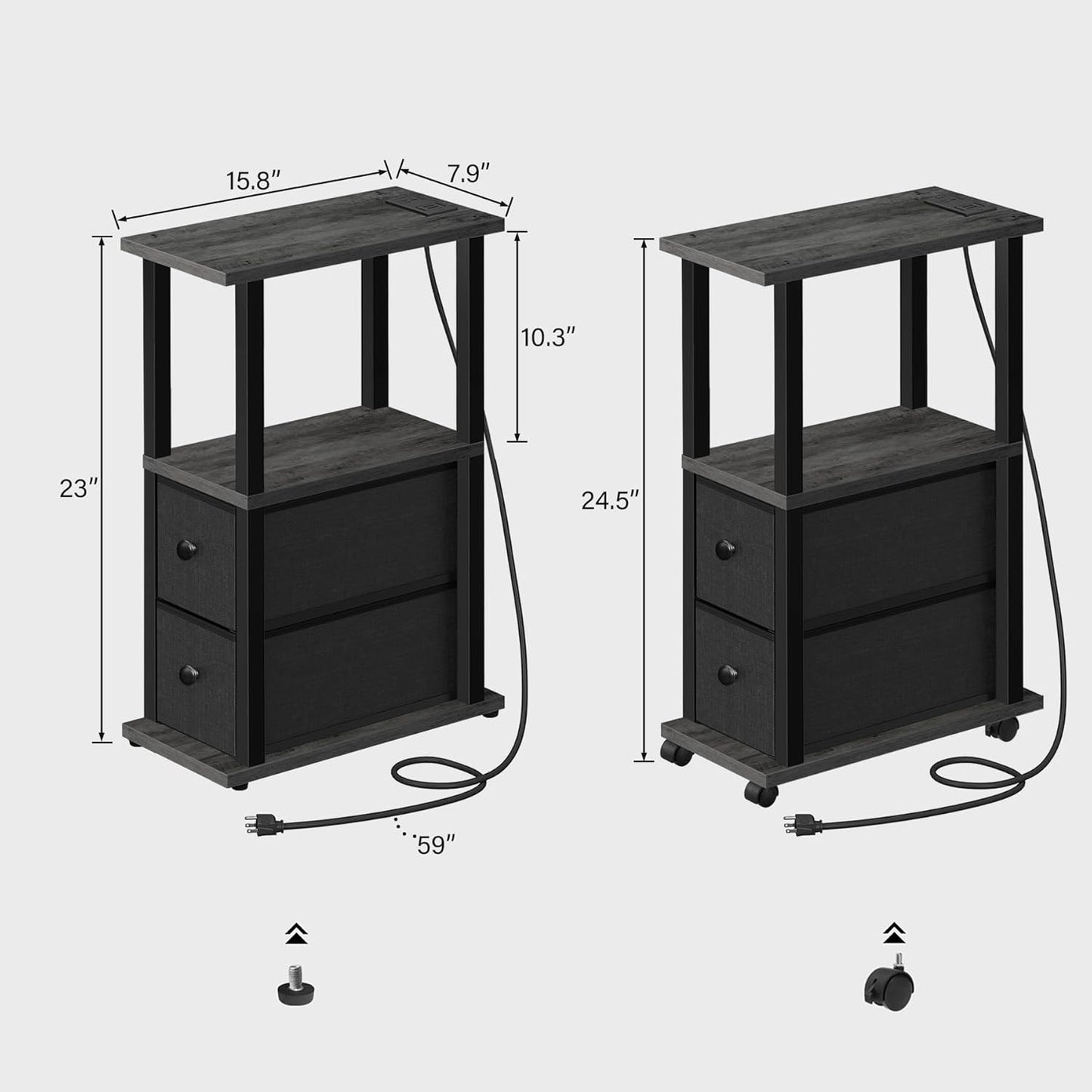 TUTOTAK Small Narrow End Tables, LED Side Tables with 2 Fabric Drawers, Set of 2, Bedside Tables with Charging Station for Small Spaces, Slim Nightstands with USB Ports and Wheels, TB01BY053L