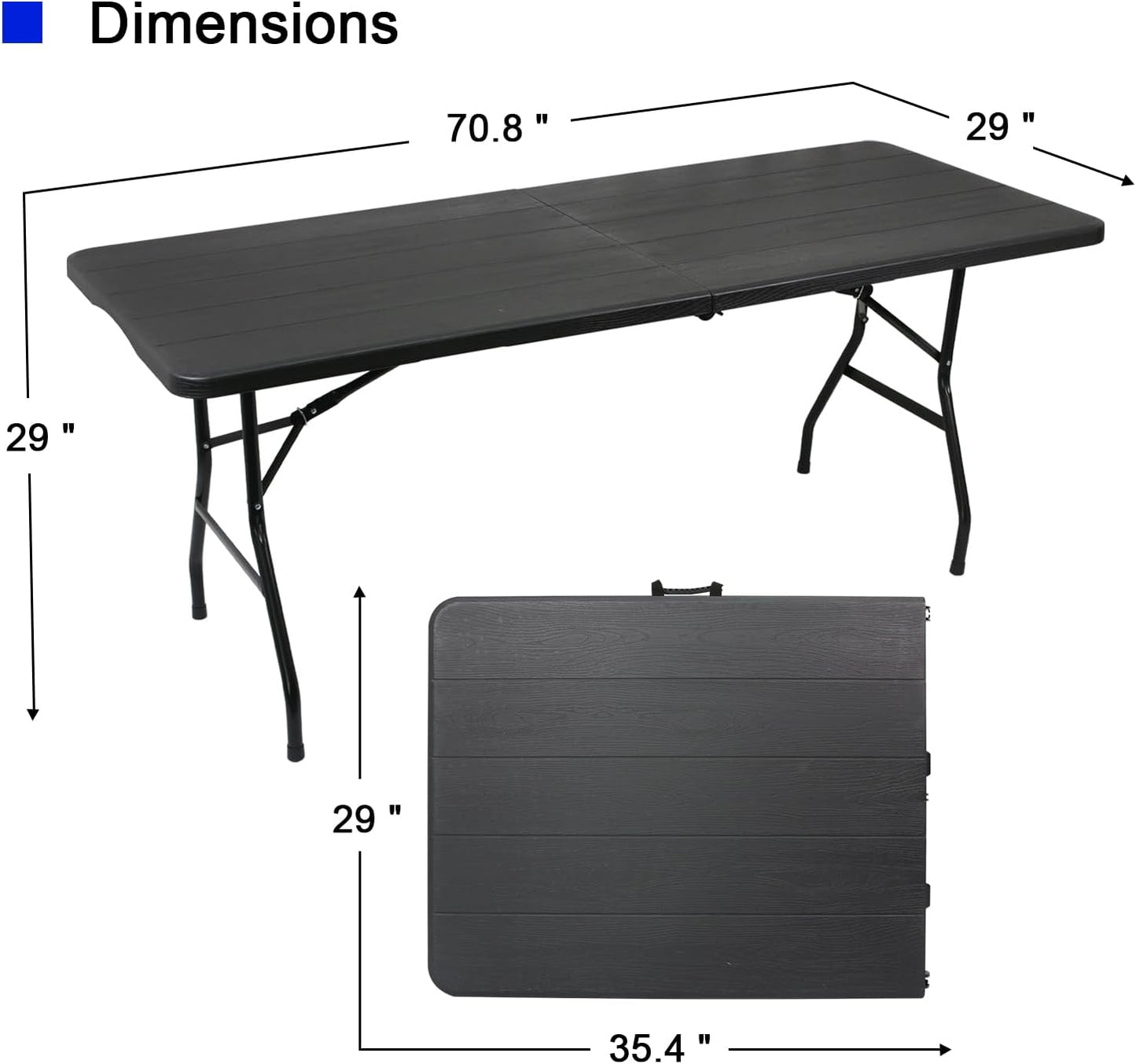 70.8" W X 29" D X 29" H - 6 ft Folding Table Black Wood Grain Portable Heavy Duty Plastic Fold-in-Half Utility Foldable Table for Camp，Picnic & Party