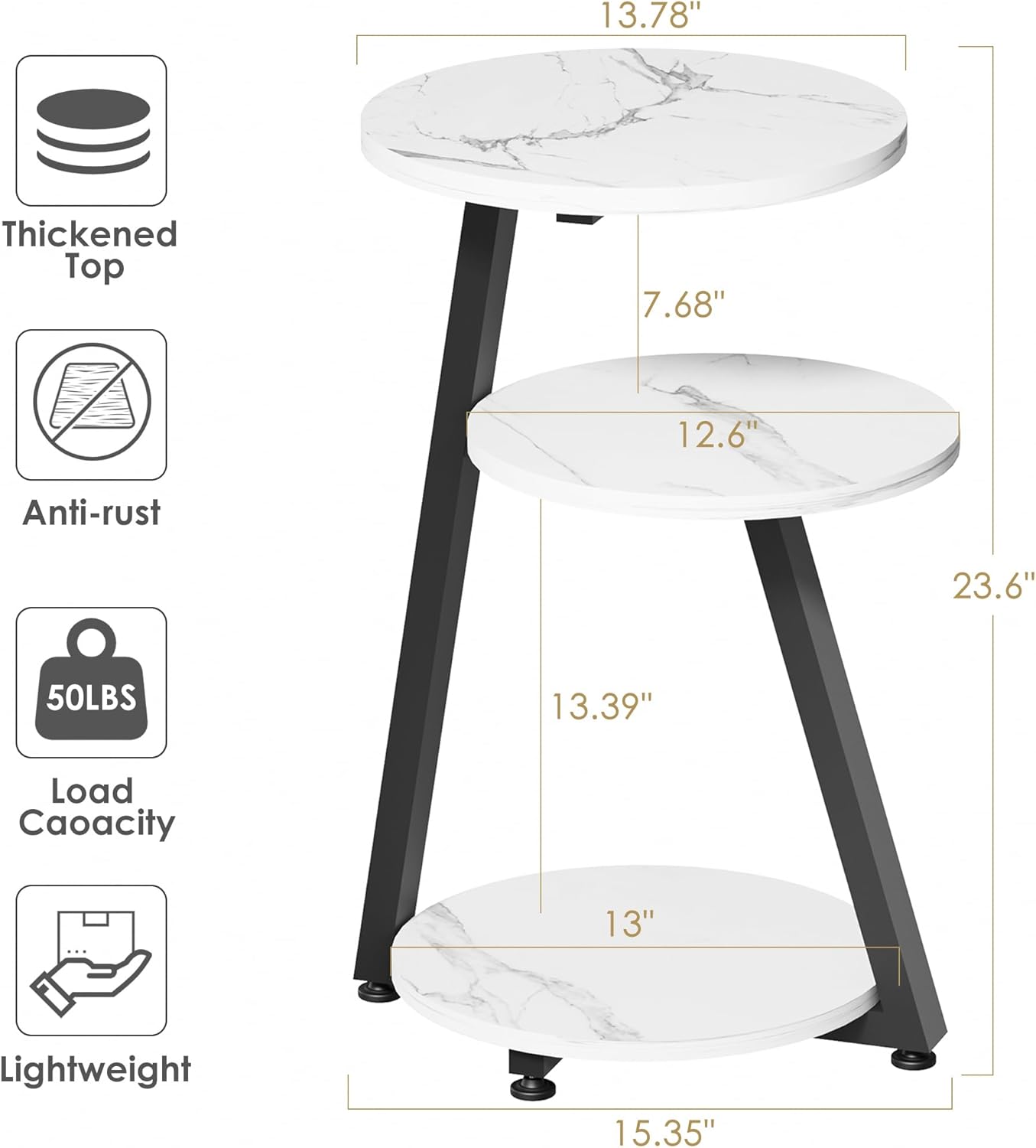 BEWISHOME Round End Table Marble Side Table with Metal Frame, Small Nightstand with 3-Tier Shelves, Night Stand for Living Room Bedroom Tall Black KTZ41H