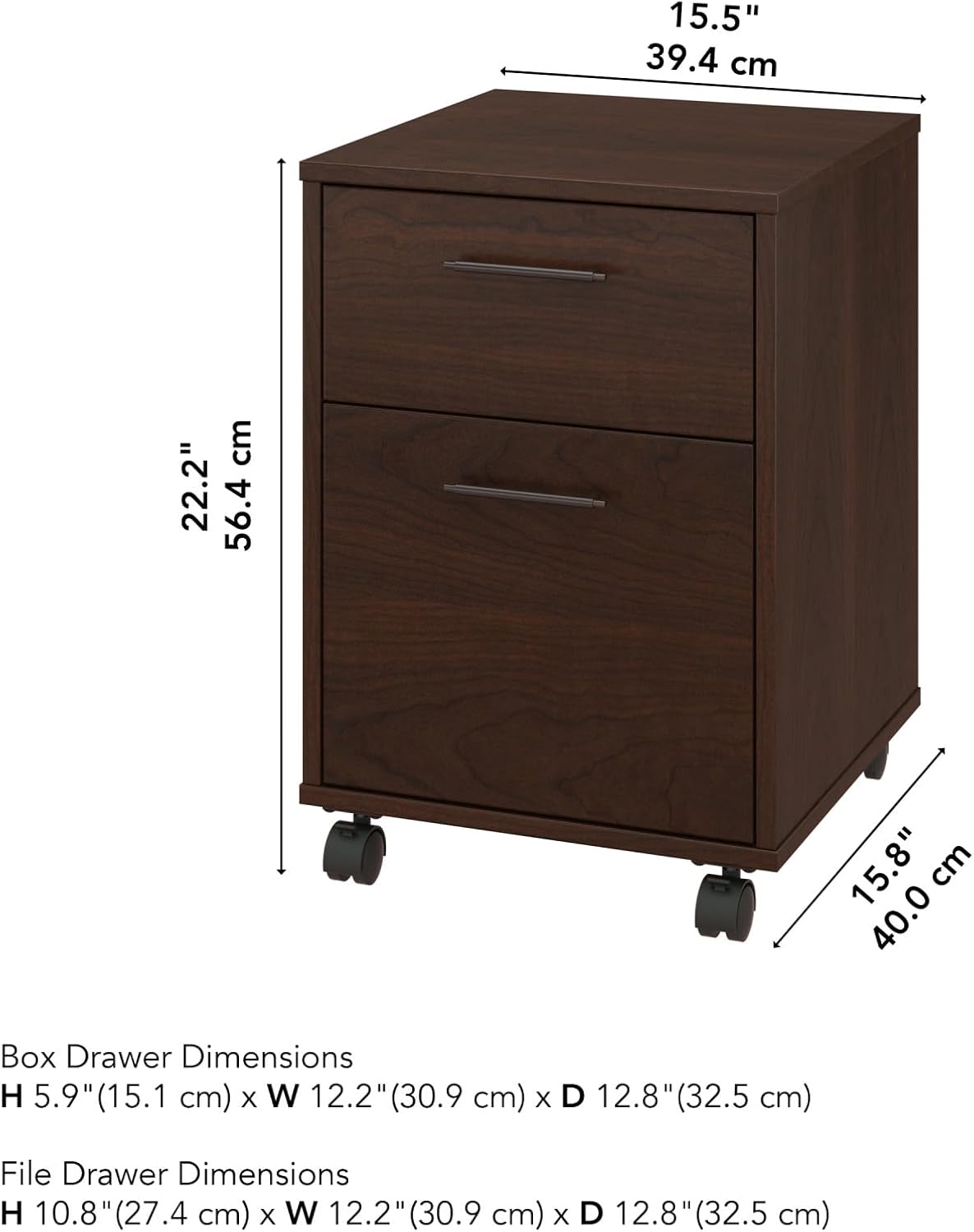 Bush Furniture Key West Rolling Cart for Home Office, 2 Drawer File Cabinet on Wheels, 15.51"W x 15.75"D x 22.28"H, Bing Cherry