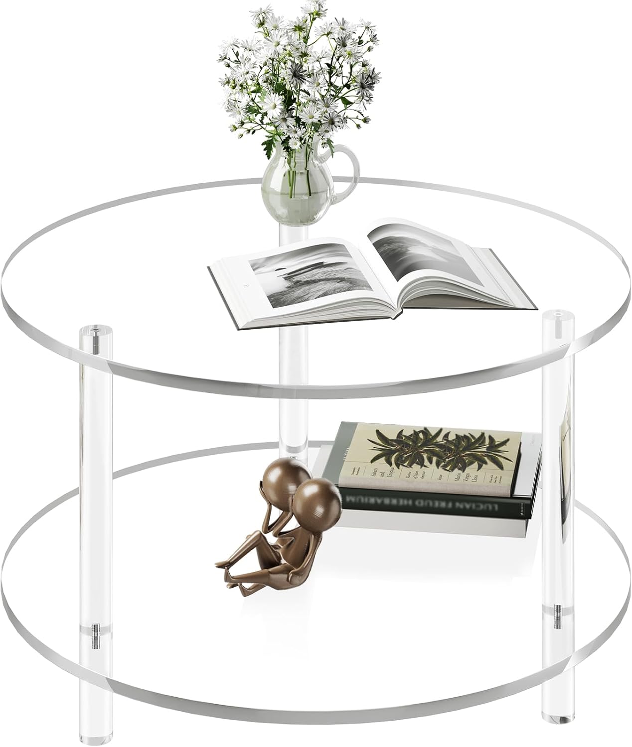 Acrylic Round Coffee Table, 23.6" Wide Modern Tea Table with Storage Shelf, 2-Tier Circle Center Table for Living Room, Office Reception and Apartment (Clear)