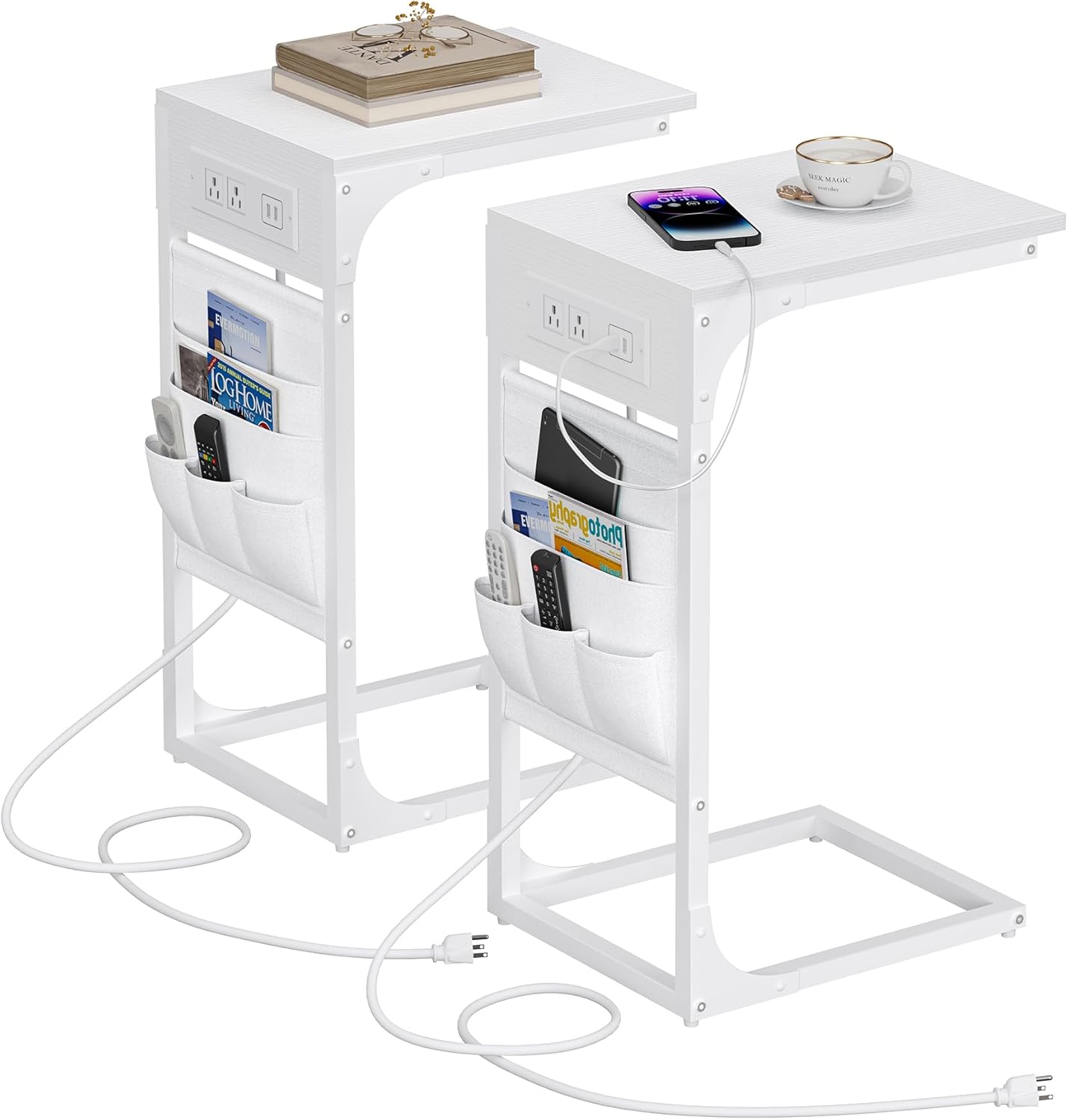 TUTOTAK C Shaped End Table with Charging Station, Side Table for Sofa, Couch Table with Storage Bag, Set of 2, TV Tray Table with 2 USB Ports and Outlets for Living Room, Bedroom, White TB01BW0242