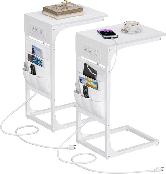 TUTOTAK C Shaped End Table with Charging Station, Side Table for Sofa, Couch Table with Storage Bag, Set of 2, TV Tray Table with 2 USB Ports and Outlets for Living Room, Bedroom, White TB01BW0242