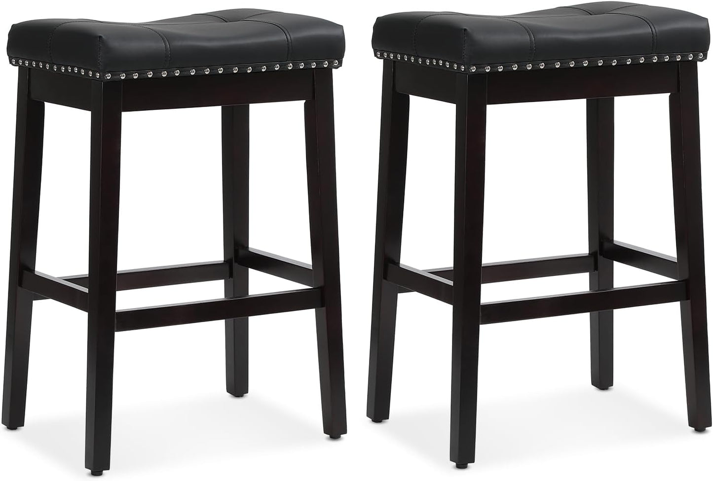 Athena Collection Counter Height Bar Stools Set of 2, 29.5 Inches Backless Saddle Bar Stools with Leather Upholstered and Nailhead Trim, Barstools for Counter, Kitchen Island, Dining Room, Black