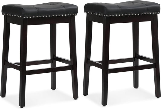 Athena Collection Counter Height Bar Stools Set of 2, 29.5 Inches Backless Saddle Bar Stools with Leather Upholstered and Nailhead Trim, Barstools for Counter, Kitchen Island, Dining Room, Black