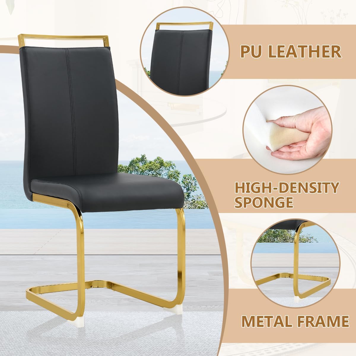 Dining Chairs Set of 2, Faux Leather Dining Chairs with Plated Chrome Metal Frame, Modern Kitchen Chairs Set with Padded Seat High Back for Dining Room, Kitchen Room, Living Room.