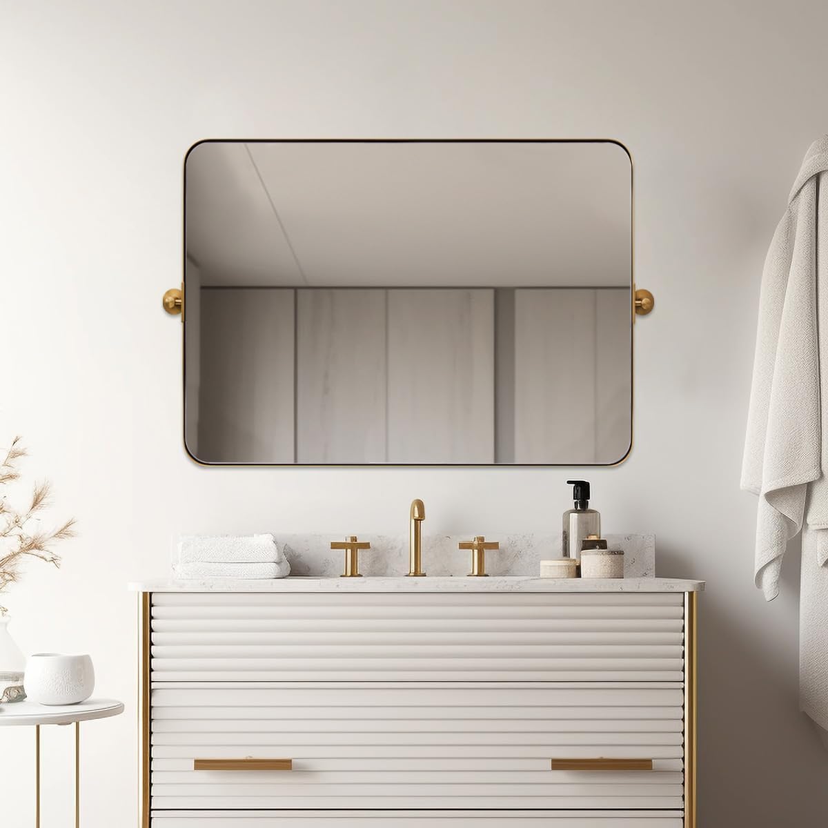 MOON MIRROR 30" x 22" Brushed Gold Rectangle Bathroom Mirror, Tilting Rounded Rectangular Metal Framed Pivot Wall Mirror, Hangs Horizontally Only(Overall 33.75" x 22")