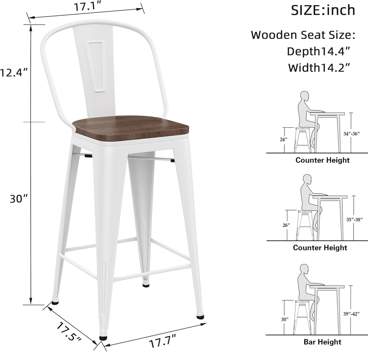 Yongqiang 30 inch Bar Stools Set of 4 Farmhouse Bar Height Stools High Back Kitchen Bar Chairs Cream White Metal Barstools with Large Wooden Seat