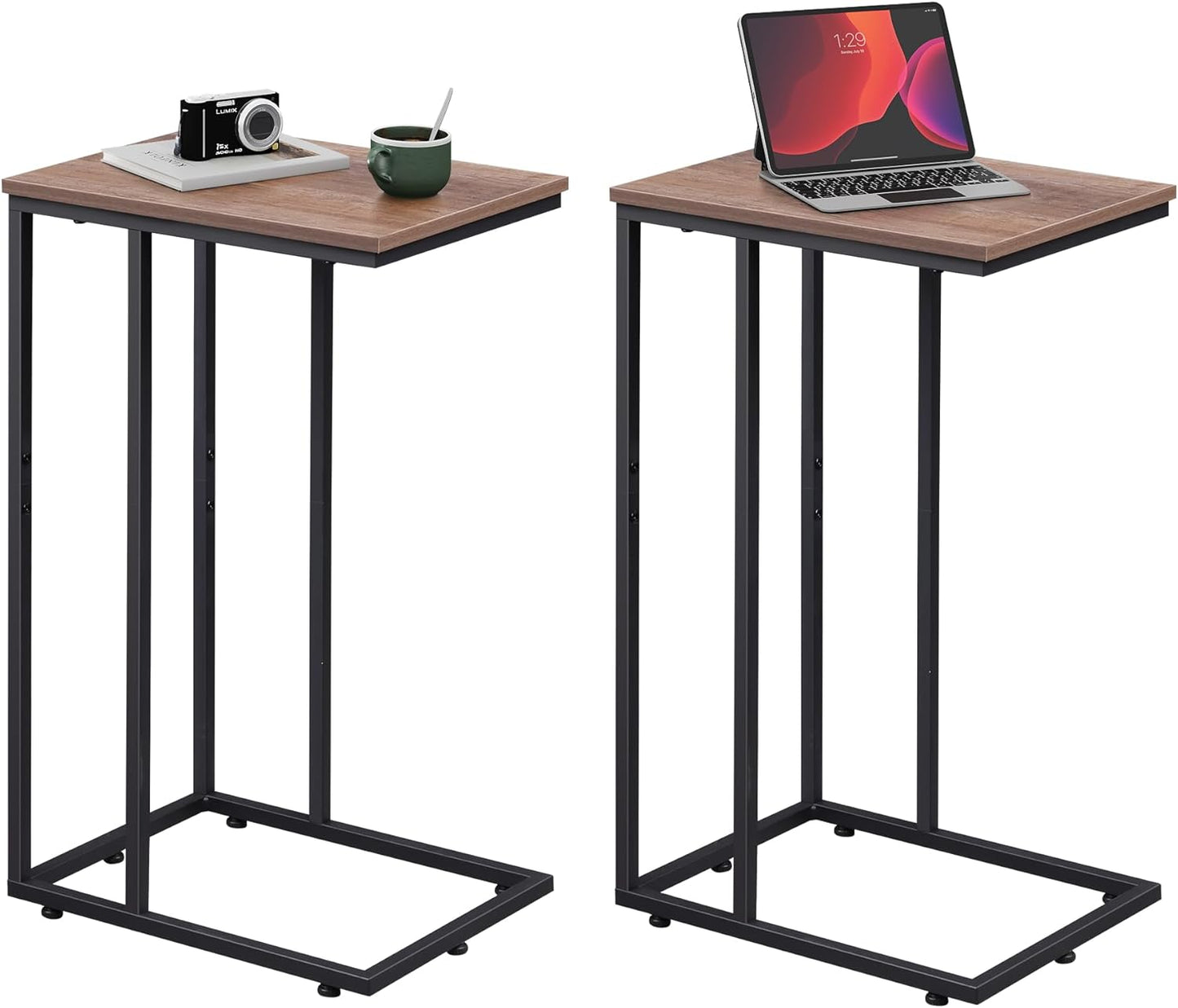 WLIVE Brown Side Table Set of 2, C Shaped End Table Sets, Small Sofa Side Tables Bedroom, Living Room, Home Office, 2-Tier Couch Bedside Table for Small Spaces