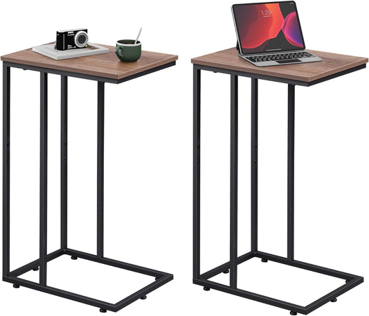 WLIVE Brown Side Table Set of 2, C Shaped End Table Sets, Small Sofa Side Tables Bedroom, Living Room, Home Office, 2-Tier Couch Bedside Table for Small Spaces