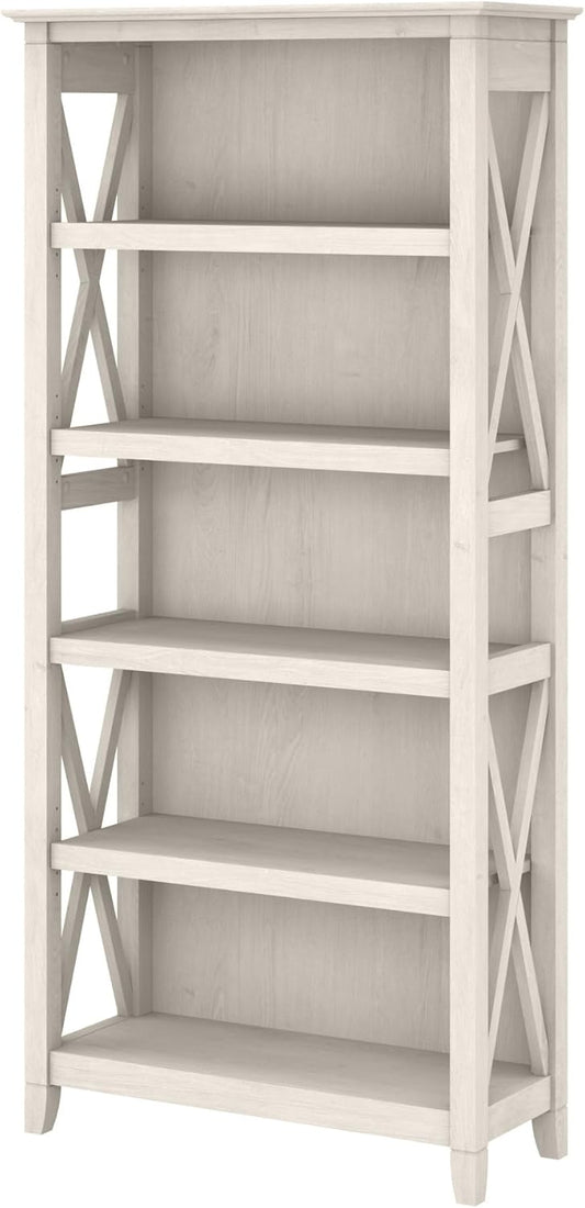 Bush Furniture Tall 5 Shelf Bookcase for Living Room or Home Office, Large Bookshelf, Modern Farmhouse Style, Key West Collection, Linen White Oak