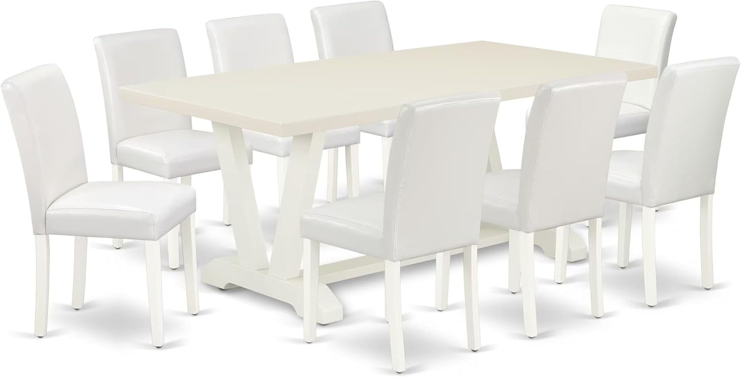 East West Furniture V027AB264-9 9 Piece Modern Dining Table Set Includes a Rectangle Wooden Table with V-Legs and 8 White Faux Leather Parson Dining Chairs, 40x72 Inch, Multi-Color