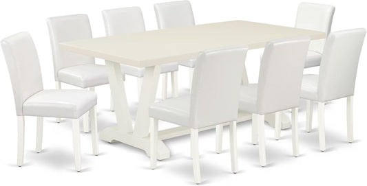 East West Furniture V027AB264-9 9 Piece Modern Dining Table Set Includes a Rectangle Wooden Table with V-Legs and 8 White Faux Leather Parson Dining Chairs, 40x72 Inch, Multi-Color