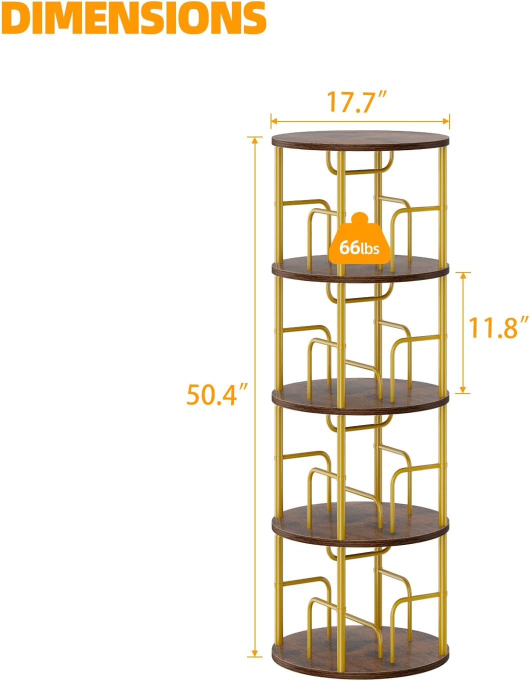 4 Tier Rotating Bookshelf, 360 Display Spinning Corner Bookshelf, Space Saving Metal Frame Bookcase for Living Room, Office, Bedroom, Gold