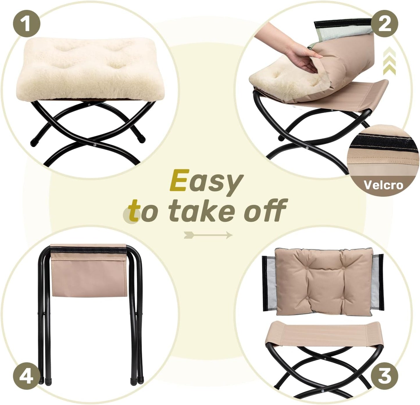 HollyHOME 15"(H) Folding Footrest Stool, Upholstered Small Foldable Ottoman, Accent Padded Sofa Foot Stool for Lazy Chair, Metal Frame Portable Foot Rest Ottoman for Home, Living Room, Bedroom, Beige