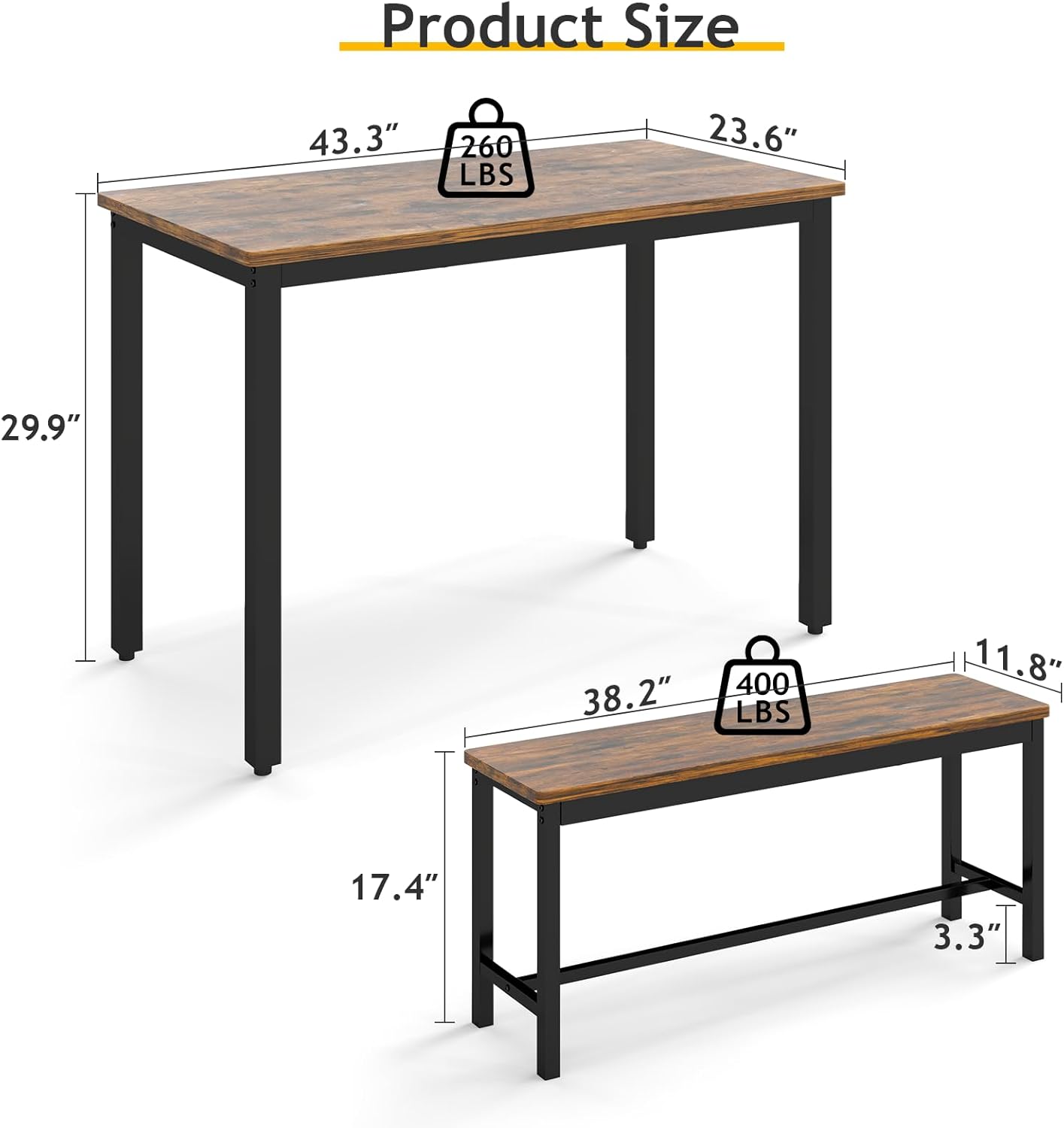 Rovibek Dining Room Table Chairs Set for 4, Modern Space Saving Kitchen Table with 2 Benches & Adjustable Feet Breakfast Table, Wooden Industrial Style Farmhouse, 43", Brown