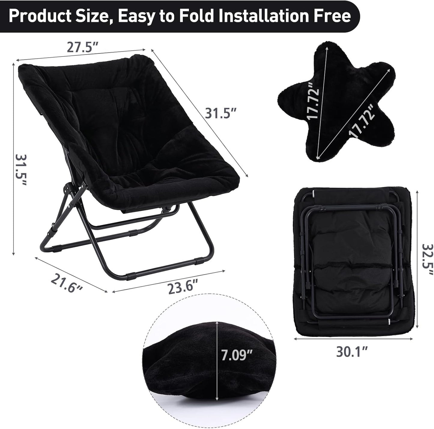 Welnow Comfy Saucer Chair, Oversized Folding Reading Chair for Adults with Throw Pillow Soft Faux Fur Lounge Chair for Bedroom Furry Accent Chair for Living Room, Dorm Rooms, Black