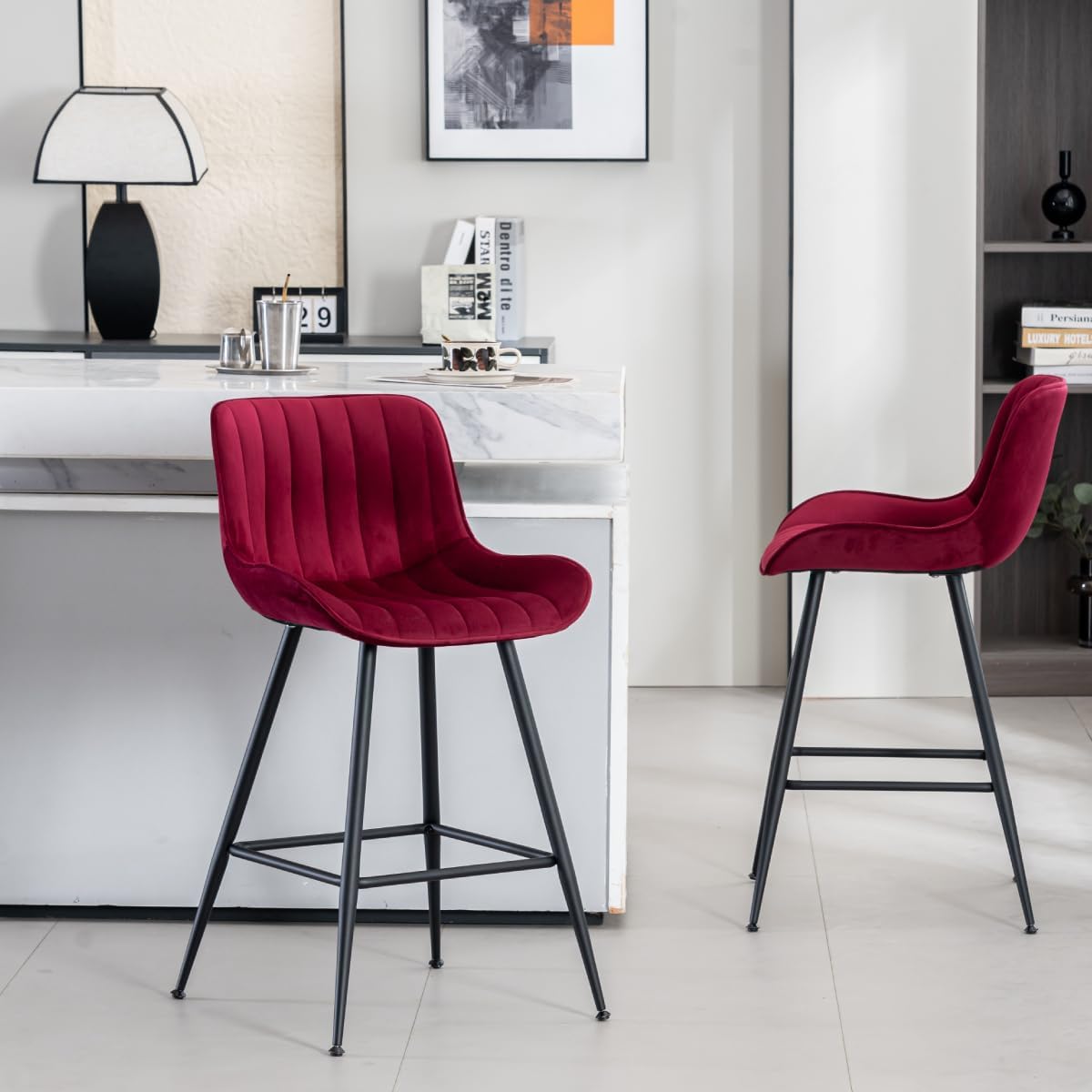 Bar Stools Set of 2 - Burgundy Counter Height Bar Stools Velvet Fabric Upholstered Bar Stools 24 Inches Seat Height Barstools with Backs Bar Chairs for Kitchen Island (Burgundy).