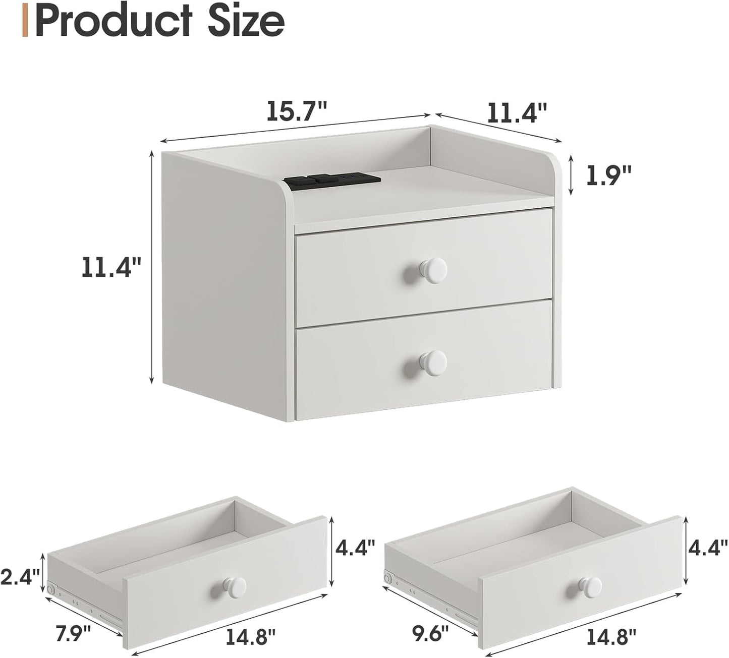 Floating Nightstand Set of 2 with 2 Storage Drawers and Charging Station Wood Wall Mounted Bedside End Table Modern Night Stands Set 2 for Bedroom,Small Space,White