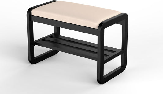 Solid Wood Shoe Rack, 2 Tier Shoe Storage Bench with Cushion Seat, 6 Pair Shoe Organizer for Entryway, Small, Black, 24 Inch