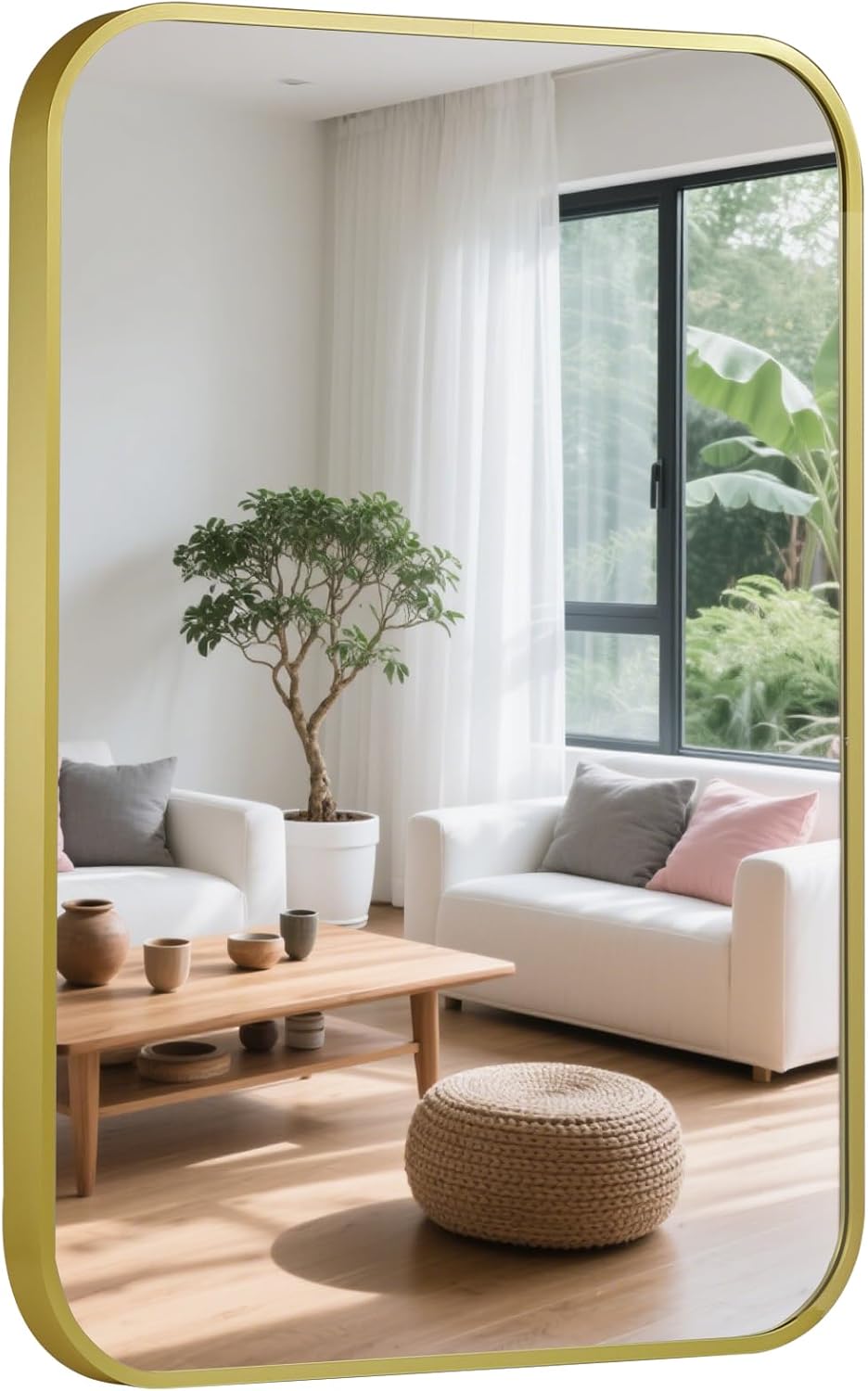 24x36 Inch Bathroom Mirror for Wall,Matte Gold Framed Rectangle Mirror with Rounded Corner,Aluminum Alloy Framed Brushed Wall Mirror for Bedroom or Living Room,Vertical or Horizontal