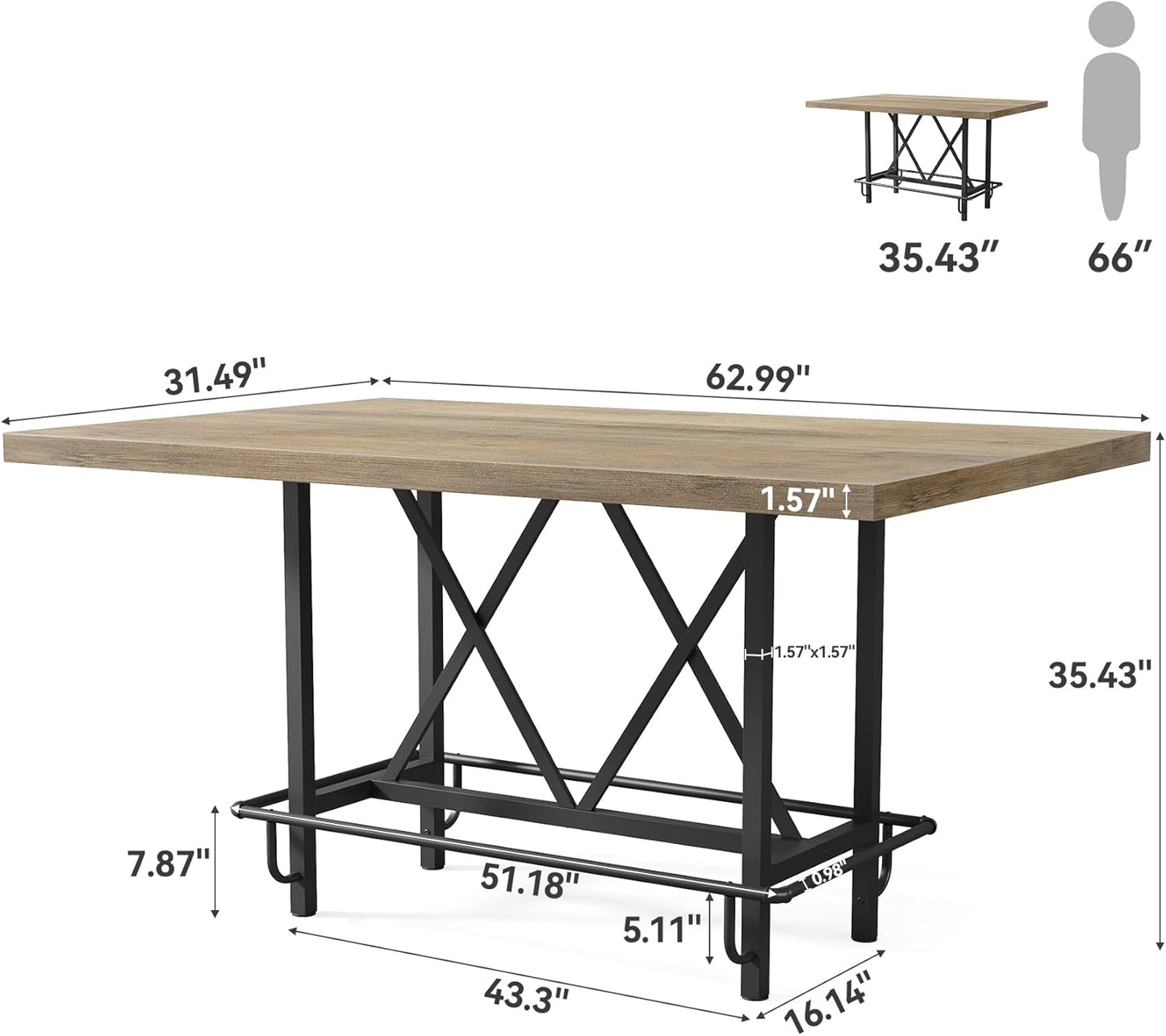 LITTLE TREE 63-Inch Industrial Bar Table with Metal Footrest, Counter Height Pub Table for Kitchen, Home Bar & Entertaining (Rustic Gray)