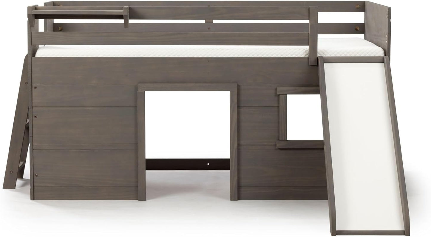 Max & Lily Loft Bed Twin Size, Solid Wood Low Loft Bed with Slide and Ladder, Modern Farmhouse Loft Bed for Kids, Driftwood