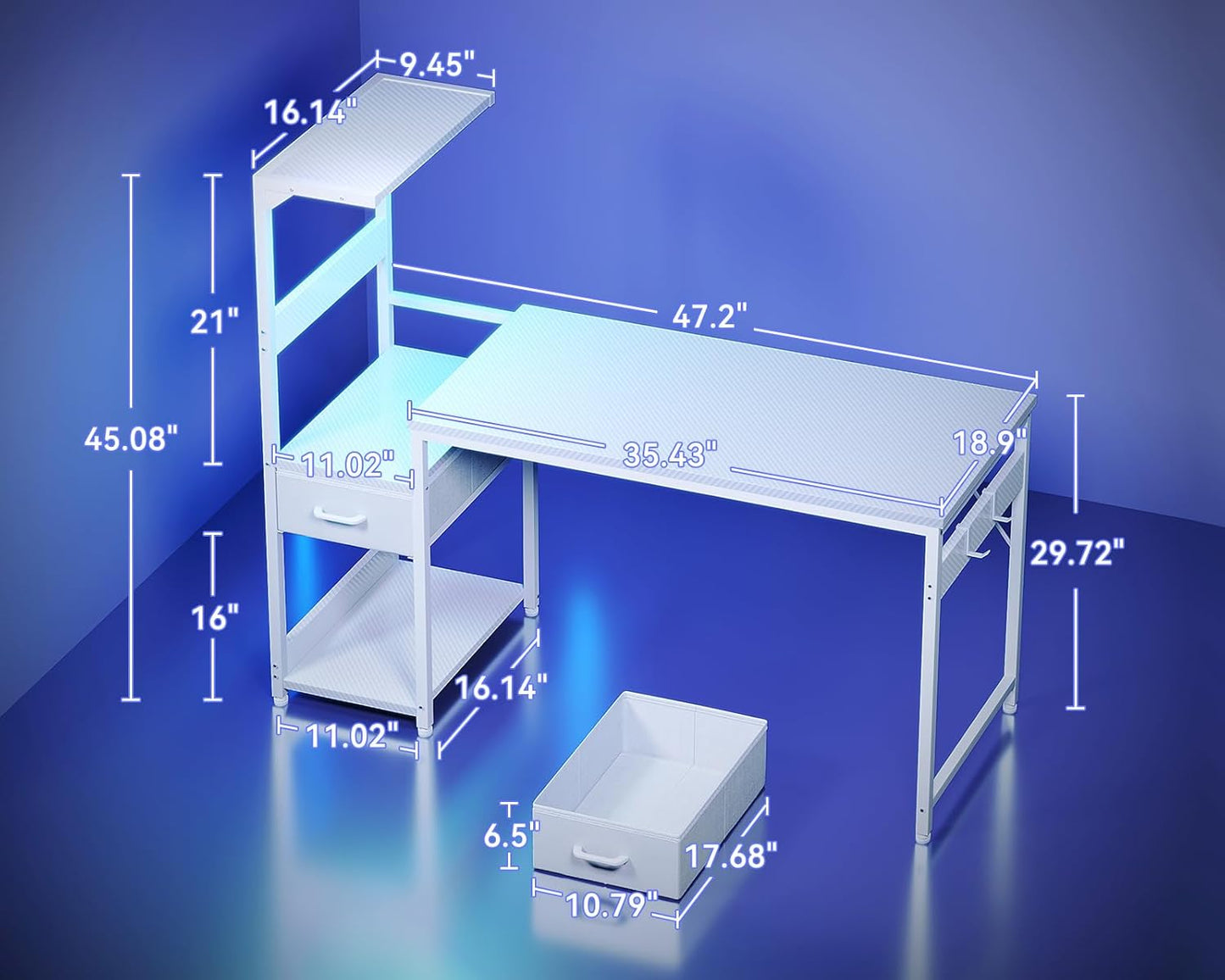 Casaottima 48 Inch Gaming Desk with Storage & LED Lights, Reversible Computer Desk with Display Shelves & Fabric Drawer, Modern Gamer Desk Table with Side Headphone Hook, Carbon Fiber White