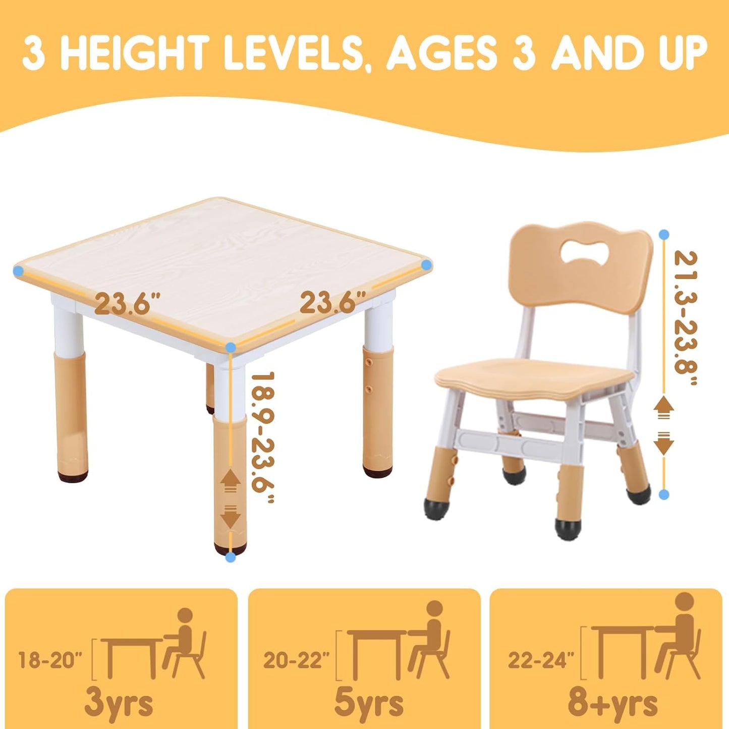 Kids Table & Chair Set with Adjustable Toddler-Safe Non-Slip Legs, Activity & Graffiti-Proof Desktop Ages 3-12