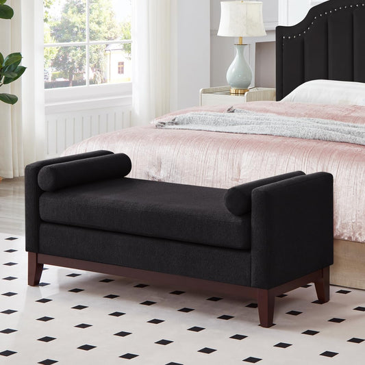 24KF Large Upholstered Boucle Fabric Ottoman with Pillows,Comfort Padded Window Bench for Living Room,Entryway Bench,5095-Black