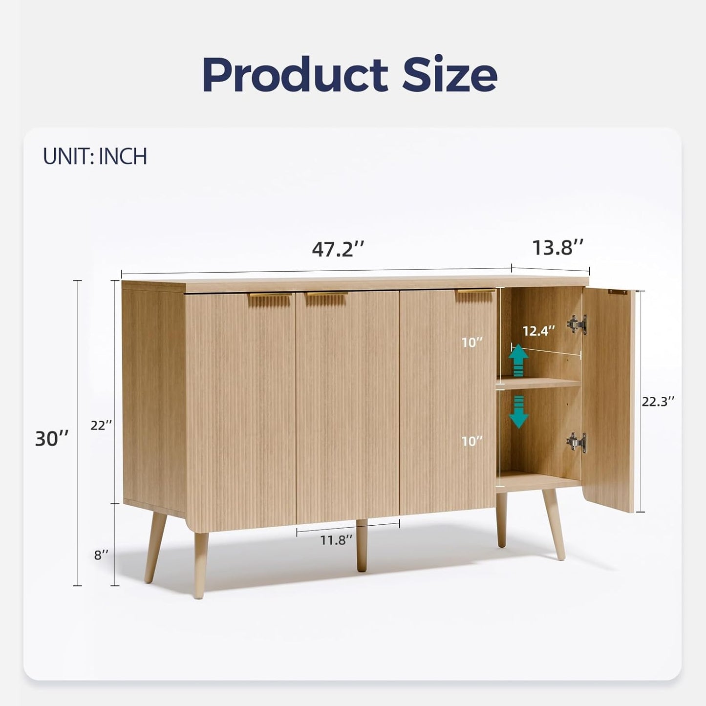 47.2" Buffet Cabinet with 4 Doors, Accent Sideboard Cabinet with Adjustable Shelf, Dining Room Sideboard with Waveform Panel, Credenzas for Living Room, Hallway, Natual Oak
