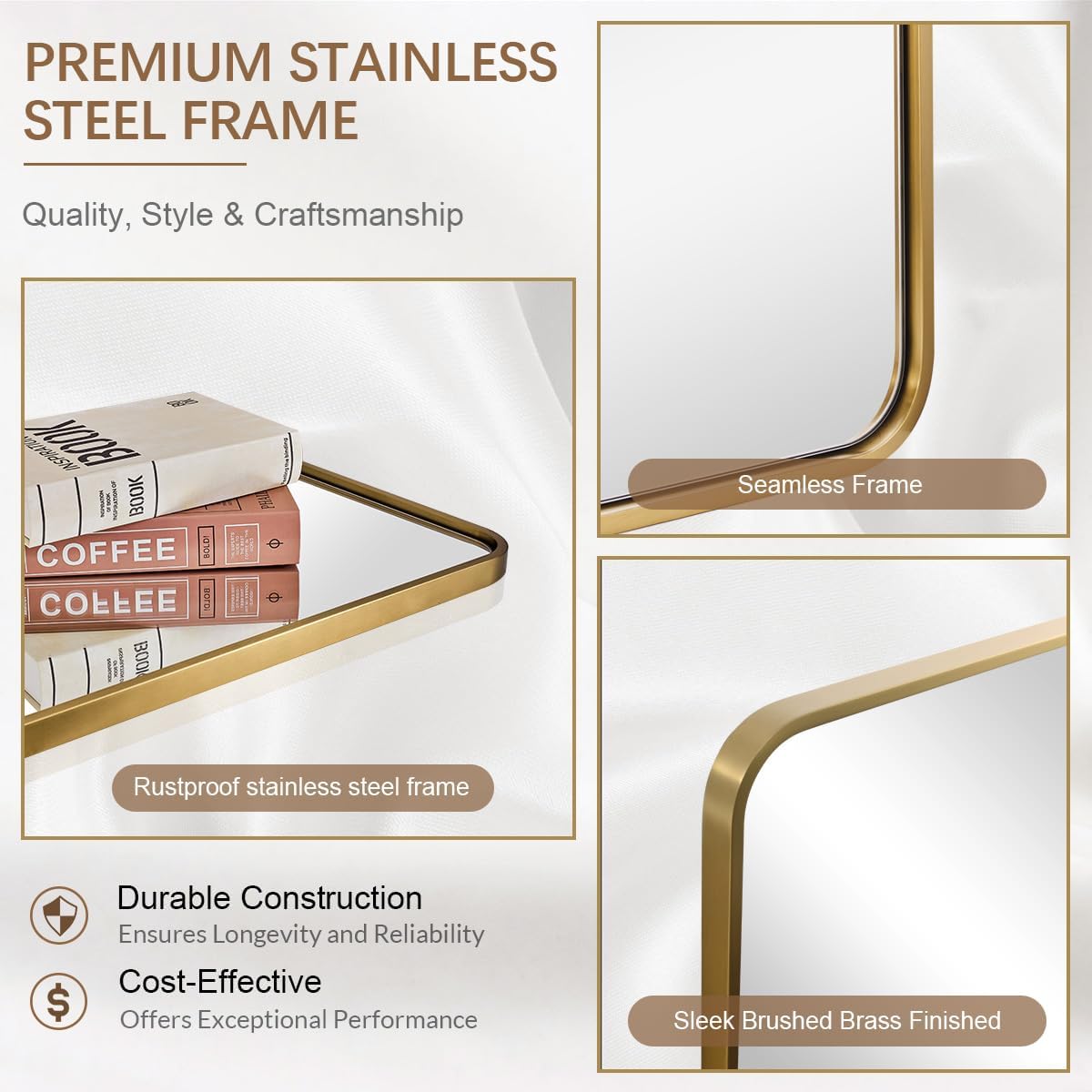 ANDY STAR Brushed Gold Mirror 40''X30'', Gold Bathroom Mirror Rounded Rectangle in SUS304 Anti-Rust Tube Metal Frame, Wall Mounted Horizontal/Vertical 1’’ Deep